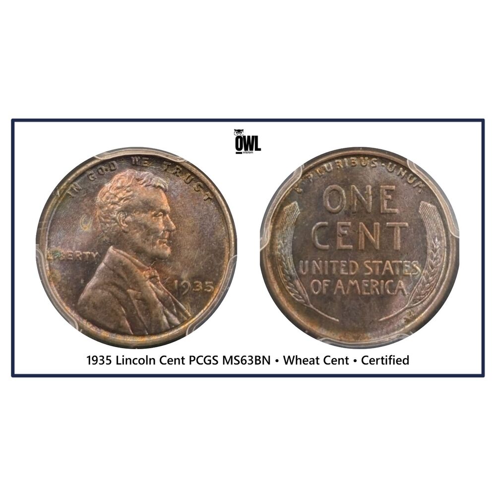 1935 Lincoln Wheat Cent – PCGS MS63BN – Beautiful Green/Red Toning